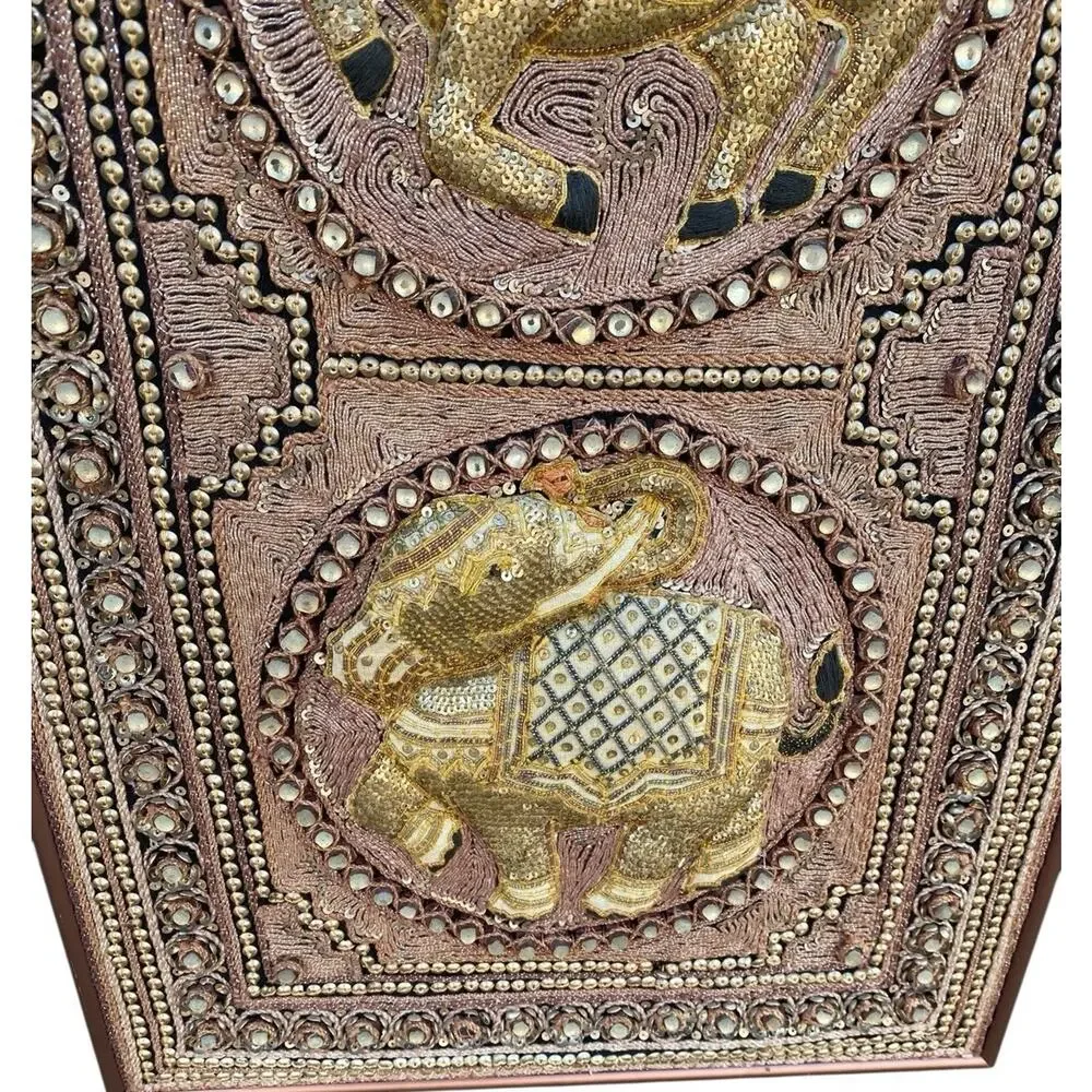 Vtg Burmese Thai Kalaga Tapestry Wall Art Elephant Peacock Lion Beaded 54” Large - Picture 6 of 16